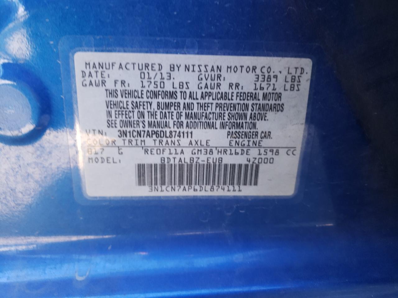 Photo 10 from auction – 2013 NISSAN VERSA S with VIN 3N1CN7AP6DL874111
