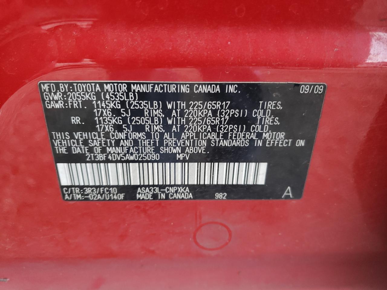 Zdjęcie 10 z aukcji – 2010 TOYOTA RAV4 z VIN 2T3BF4DV5AW025090