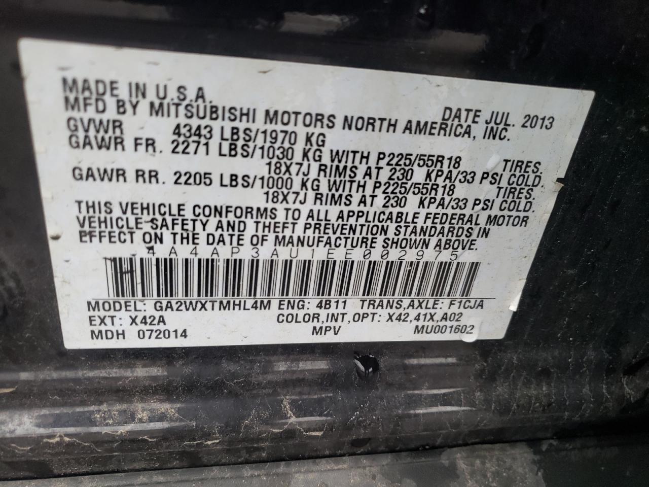 Photo 10 from auction – 2014 MITSUBISHI OUTLANDER with VIN 4A4AP3AU1EE002975