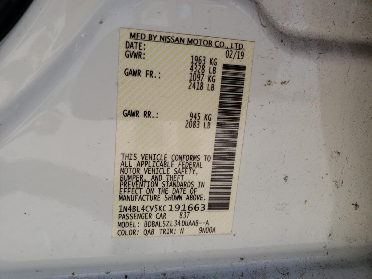 Photo 10 from auction – 2019 NISSAN ALTIMA SR with VIN 1N4BL4CV5KC191663