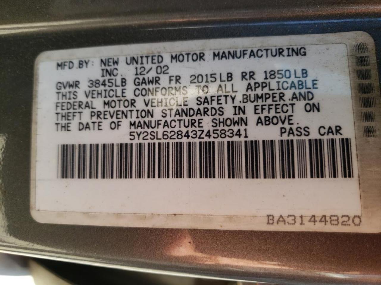 Photo 10 from auction – 2003 PONTIAC VIBE with VIN 5Y2SL62843Z458341