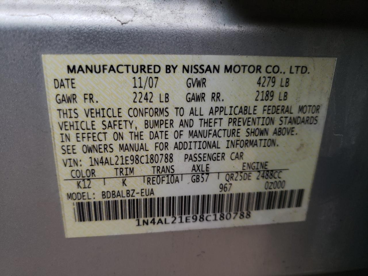Photo 10 from auction – 2008 NISSAN ALTIMA 2.5 with VIN 1N4AL21E98C180788