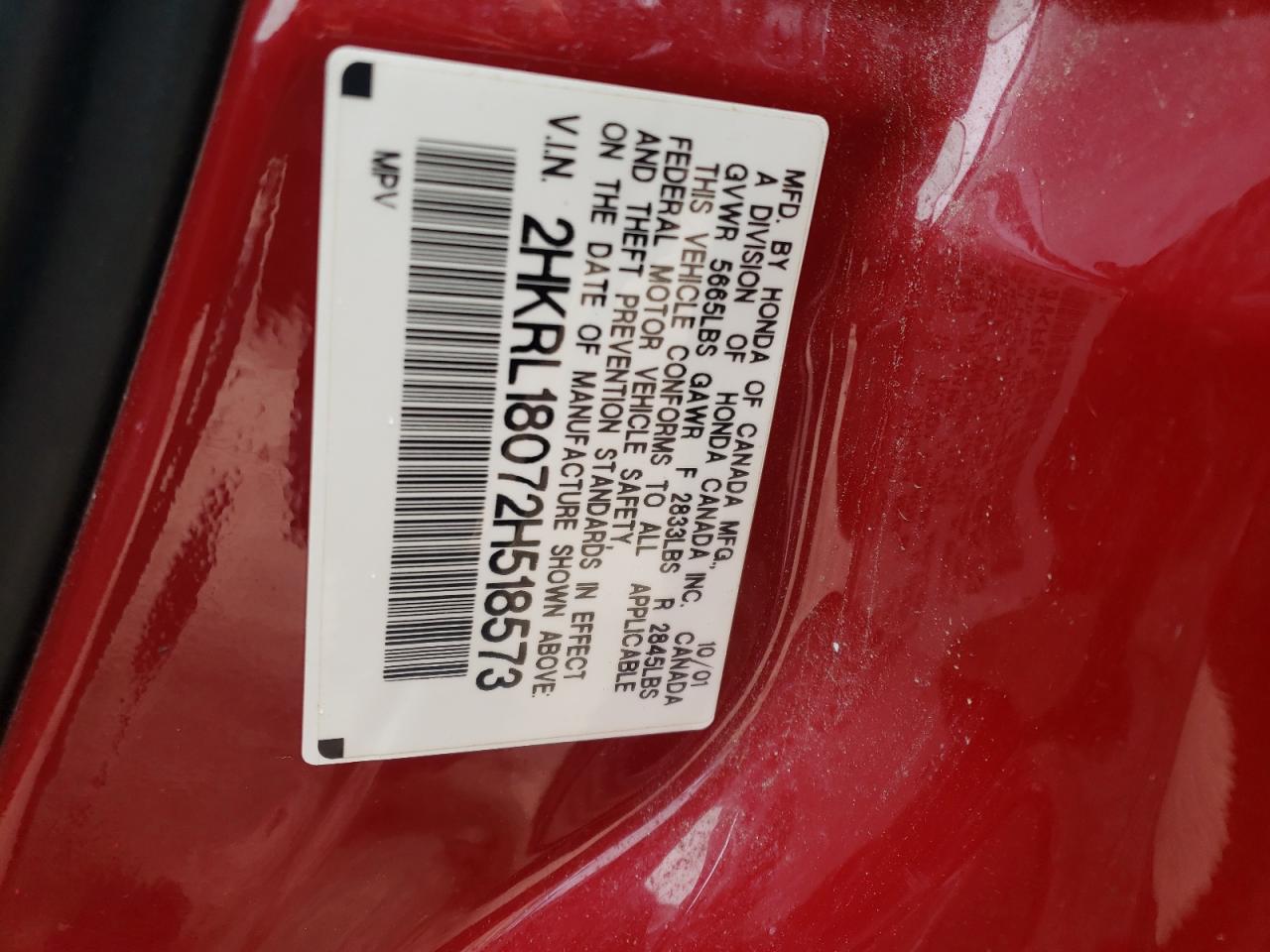 Photo 10 from auction – 2002 HONDA ODYSSEY EX with VIN 2HKRL18072H518573