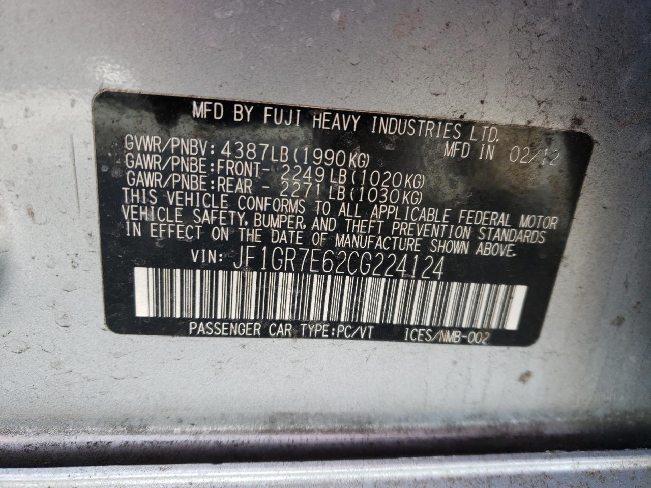 Photo 10 from auction – 2012 SUBARU IMPREZA WR with VIN JF1GR7E62CG224124