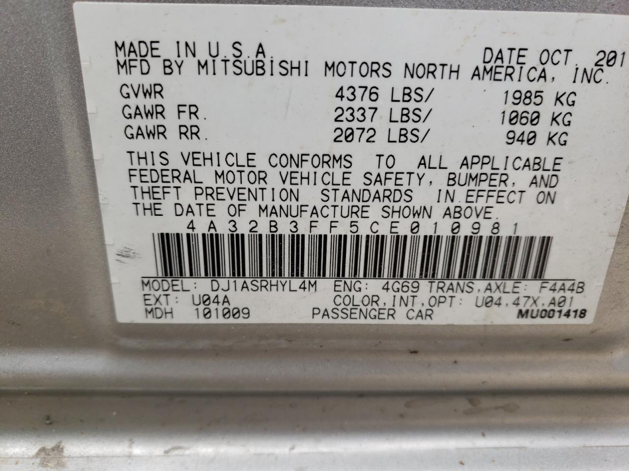 Photo 10 from auction – 2012 MITSUBISHI GALANT ES with VIN 4A32B3FF5CE010981