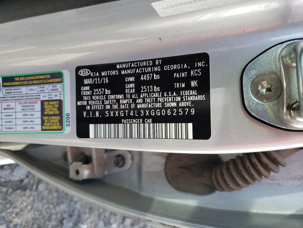 Photo 10 from auction – 2016 KIA OPTIMA with VIN 5XXGT4L3XGG062579
