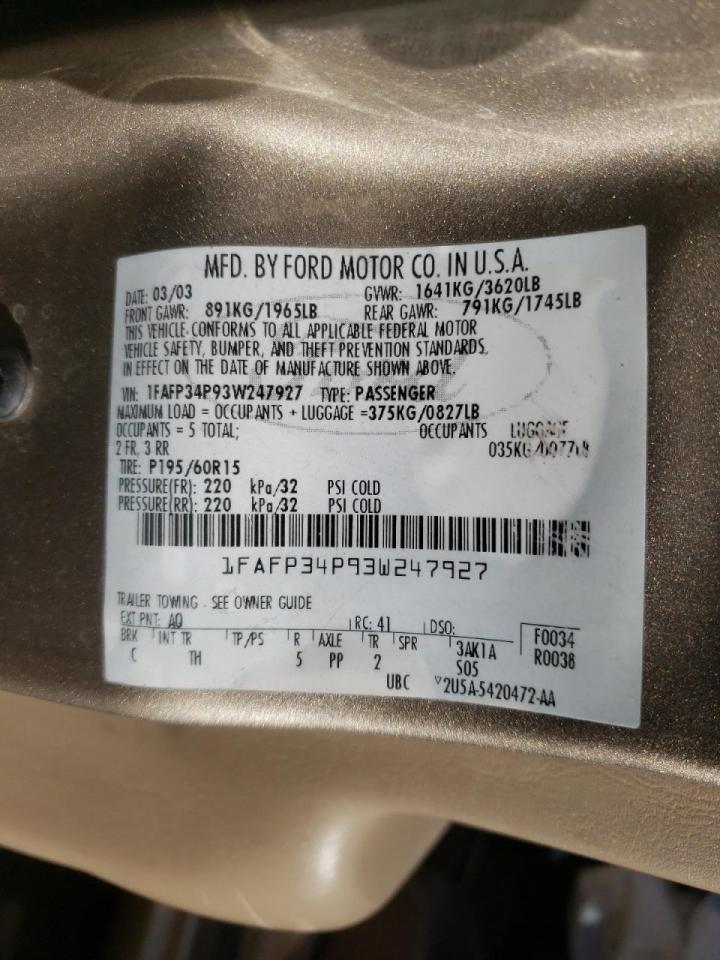 Photo 10 from auction – 2003 FORD FOCUS SE with VIN 1FAFP34P93W247927