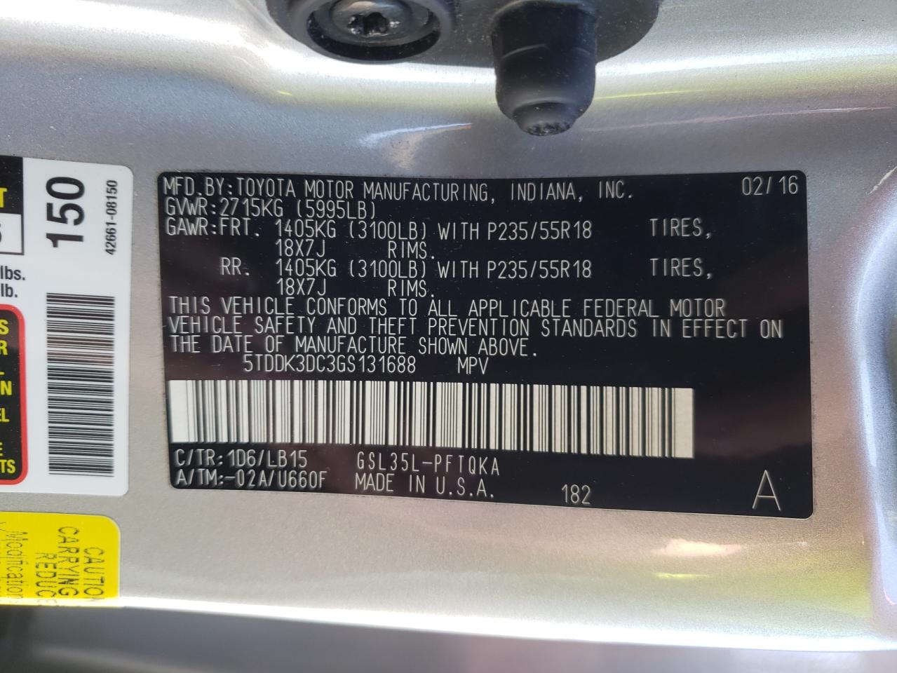 Photo 10 from auction – 2016 TOYOTA SIENNA XLE with VIN 5TDDK3DC3GS131688