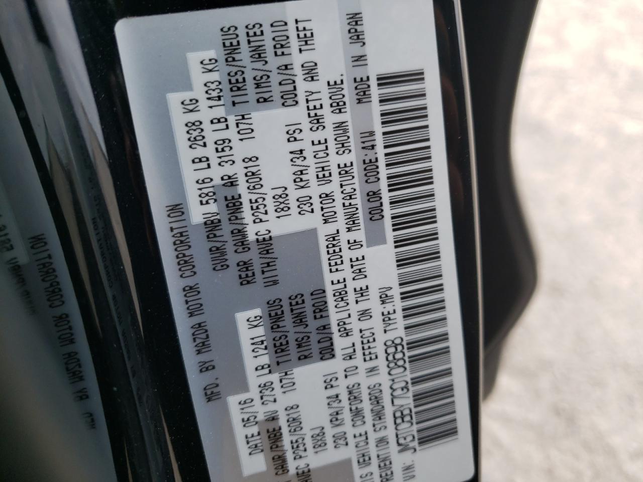 Photo 10 from auction – 2016 MAZDA CX-9 TOURI with VIN JM3TCBBY7G0108698
