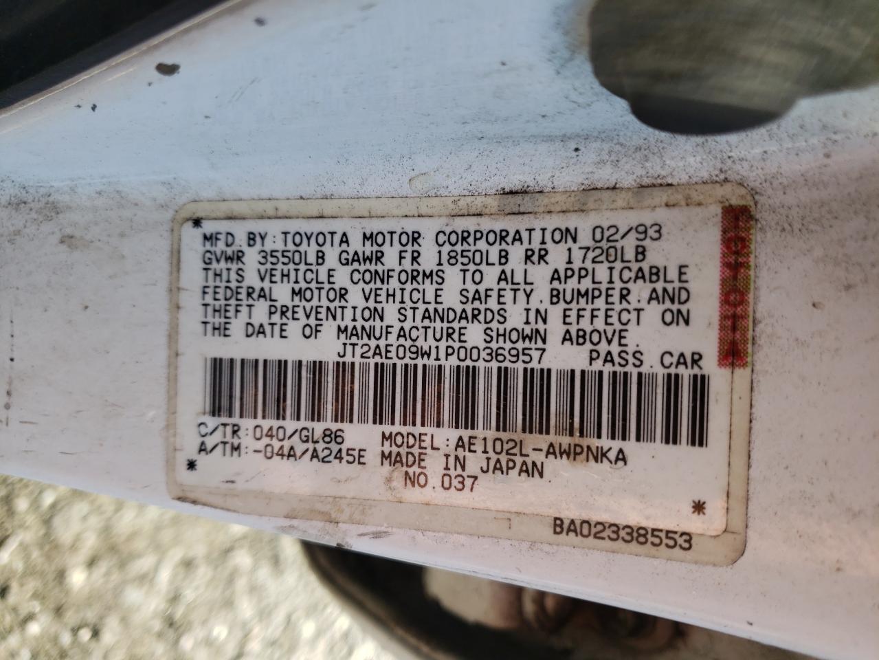 Photo 10 from auction – 1993 TOYOTA COROLLA with VIN JT2AE09W1P0036957