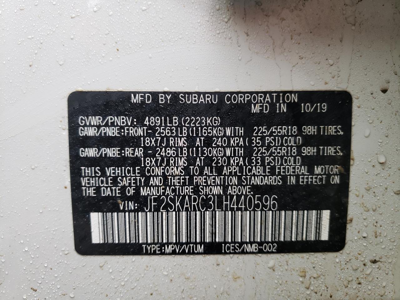 Photo 10 from auction – 2020 SUBARU FORESTER S with VIN JF2SKARC3LH440596