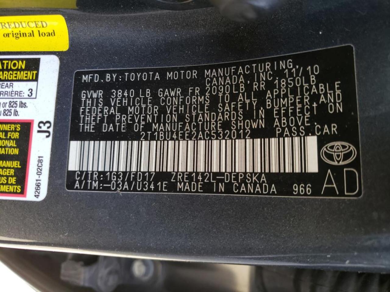 Photo 10 from auction – 2010 TOYOTA COROLLA BA with VIN 2T1BU4EE2AC532012