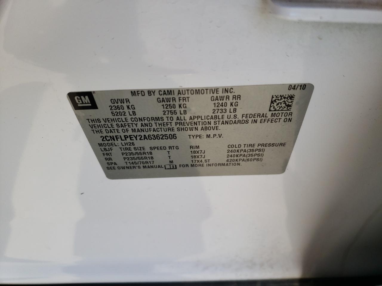 Photo 10 from auction – 2010 CHEVROLET EQUINOX LT with VIN 2CNFLPEY2A6362506