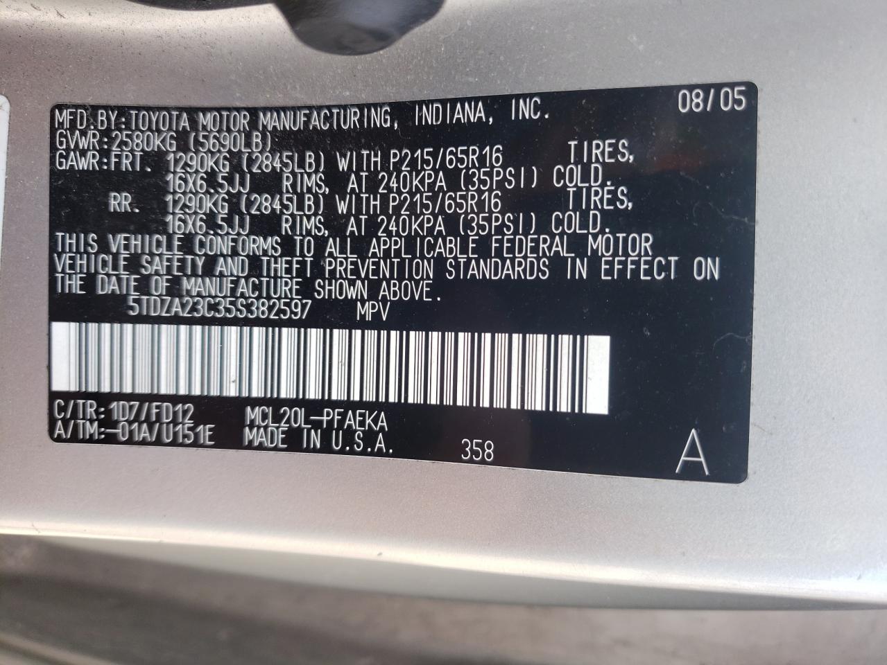 Photo 10 from auction – 2005 TOYOTA SIENNA CE with VIN 5TDZA23C35S382597