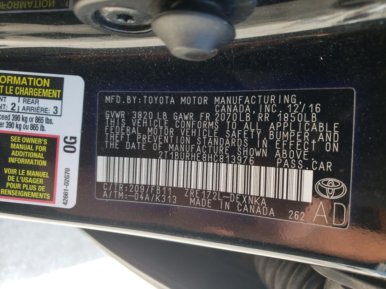 Photo 10 from auction – 2017 TOYOTA COROLLA L with VIN 2T1BURHE8HC813976