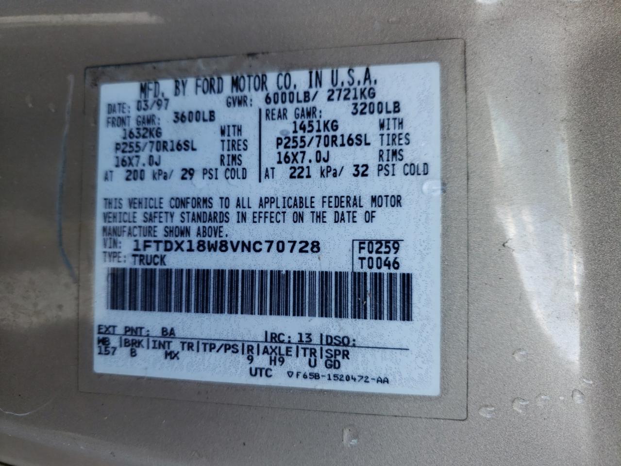 Photo 10 from auction – 1997 FORD F150 with VIN 1FTDX18W8VNC70728
