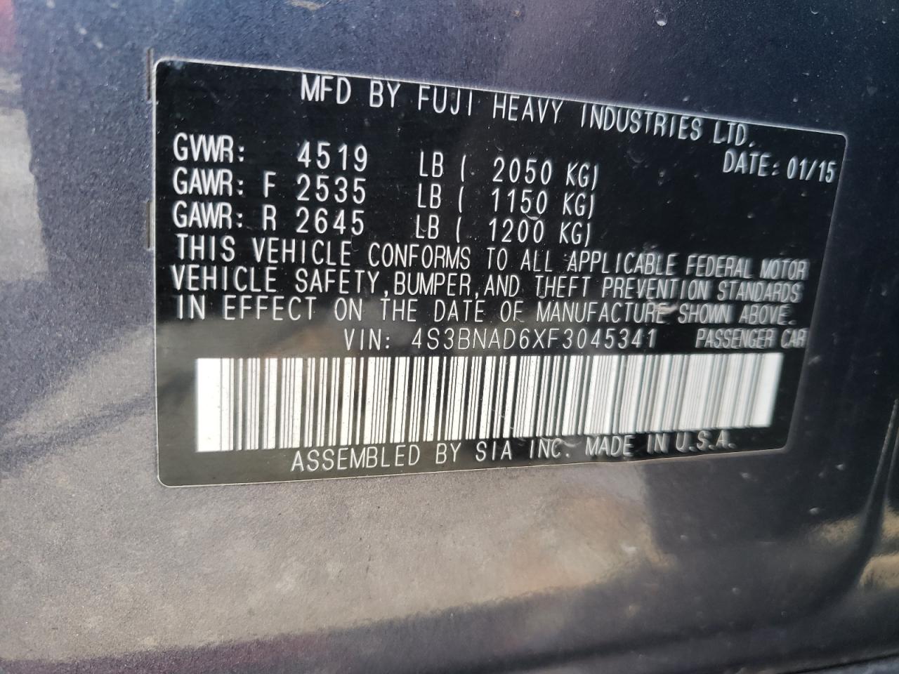 Photo 10 from auction – 2015 SUBARU LEGACY 2.5 with VIN 4S3BNAD6XF3045341