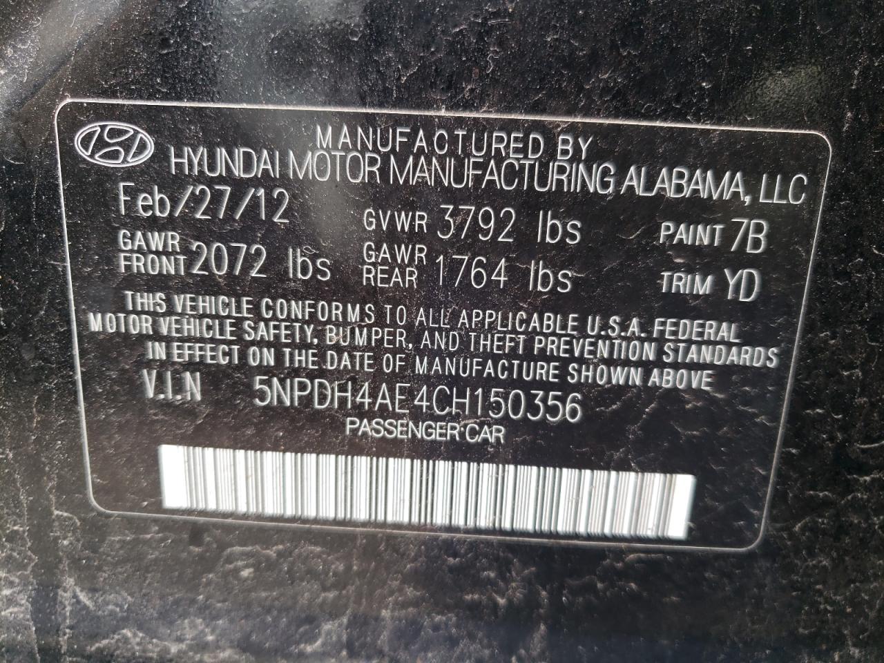 Photo 10 from auction – 2012 HYUNDAI ELANTRA GL with VIN 5NPDH4AE4CH150356