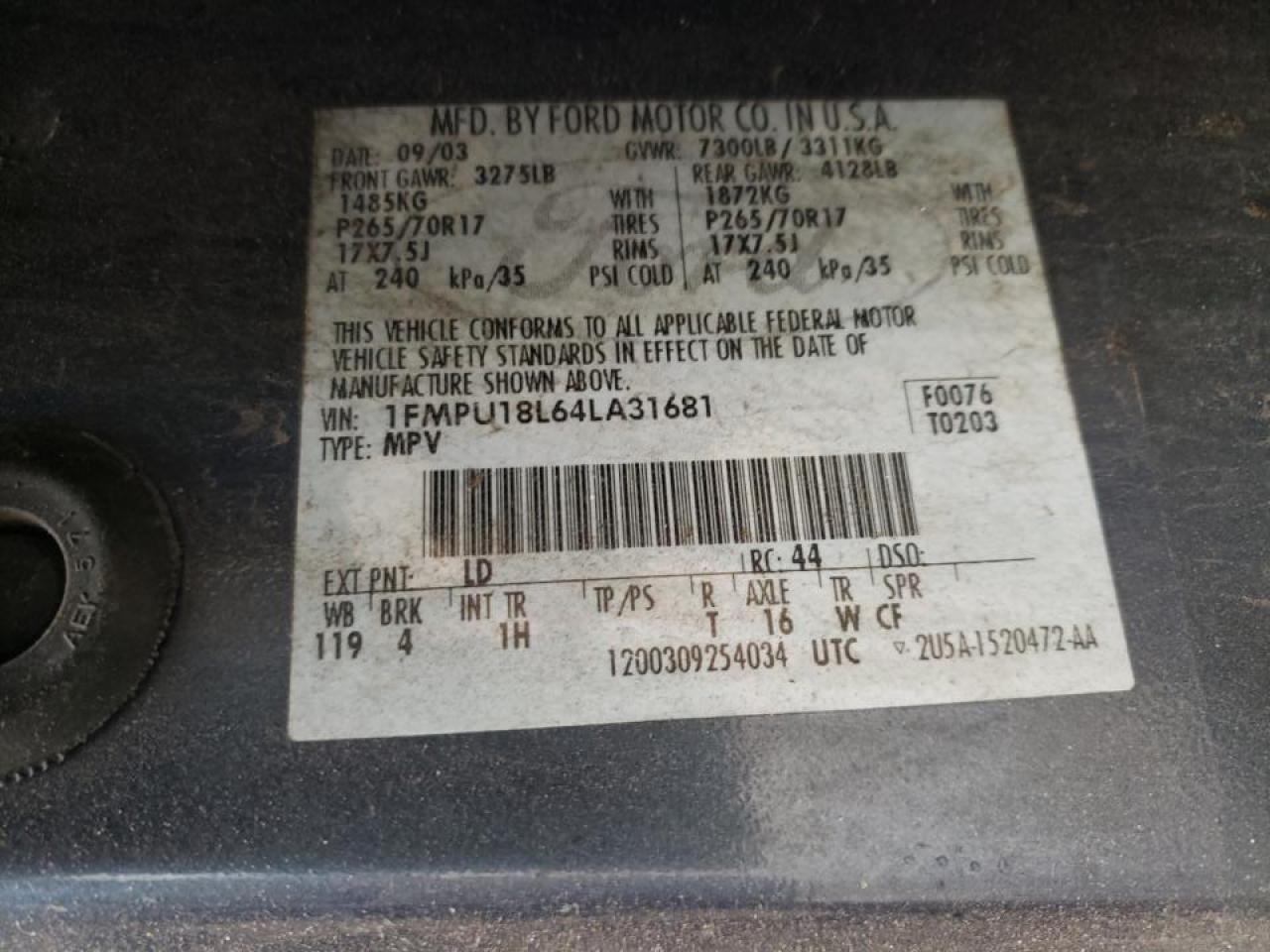 Photo 10 from auction – 2004 FORD EXPEDITION with VIN 1FMPU18L64LA31681