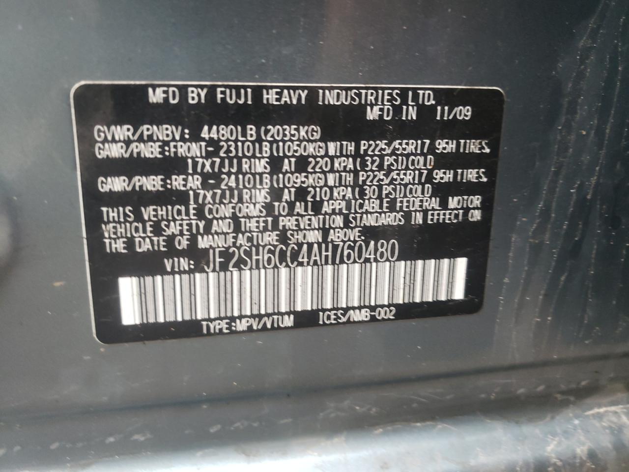 Photo 10 from auction – 2010 SUBARU FORESTER 2 with VIN JF2SH6CC4AH760480