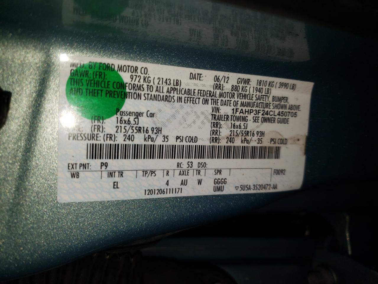 Photo 10 from auction – 2012 FORD FOCUS SE with VIN 1FAHP3F24CL450705