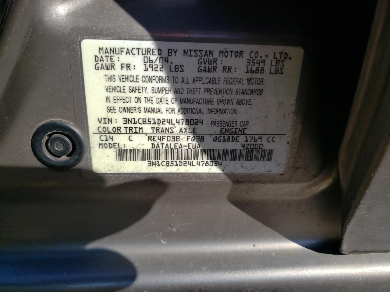 Photo 10 from auction – 2004 NISSAN SENTRA 1.8 with VIN 3N1CB51D24L478034