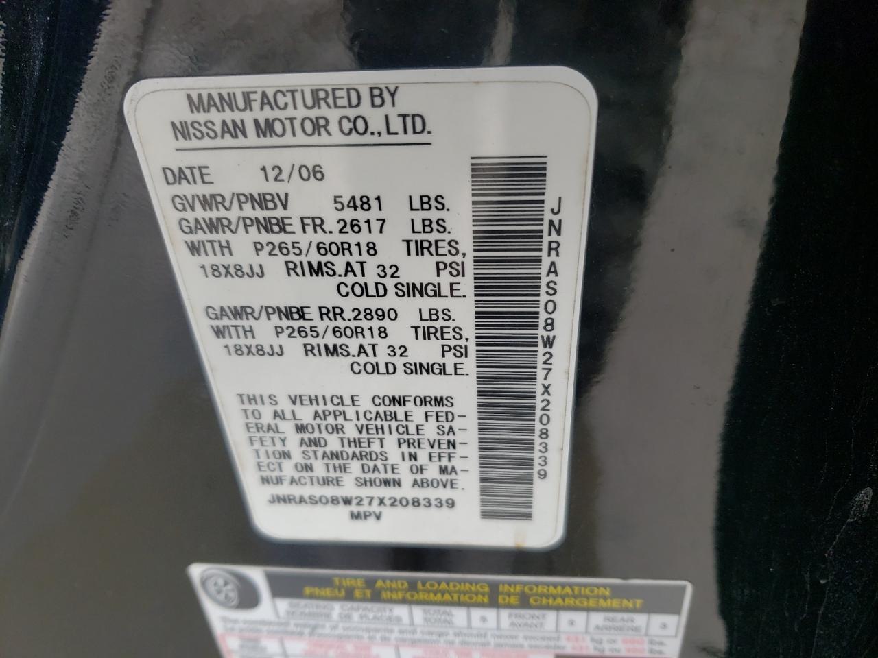 Photo 10 from auction – 2007 INFINITI FX35 with VIN JNRAS08W27X208339