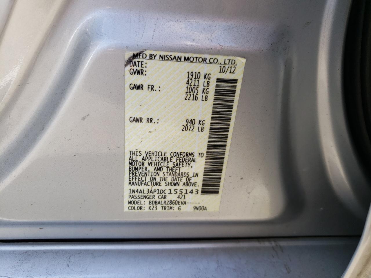 Photo 10 from auction – 2013 NISSAN ALTIMA 2.5 with VIN 1N4AL3AP1DC155143