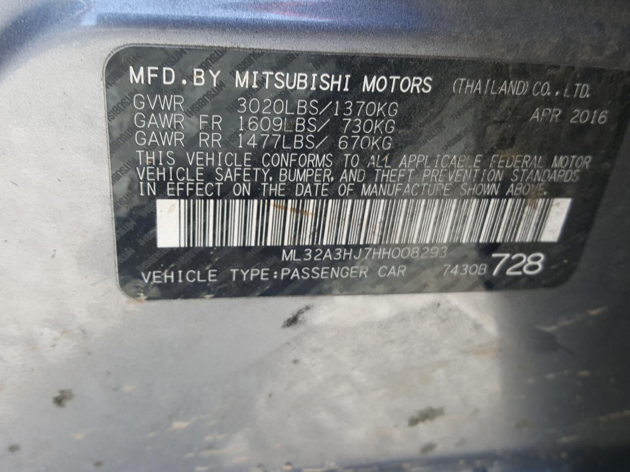 Photo 10 from auction – 2017 MITSUBISHI MIRAGE ES with VIN ML32A3HJ7HH008293