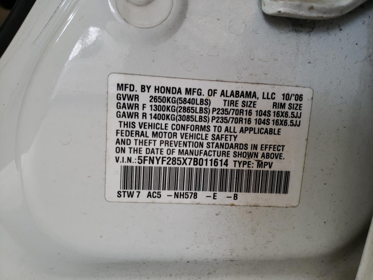 Zdjęcie 10 z aukcji – 2007 HONDA PILOT EXL z VIN 5FNYF285X7B011614