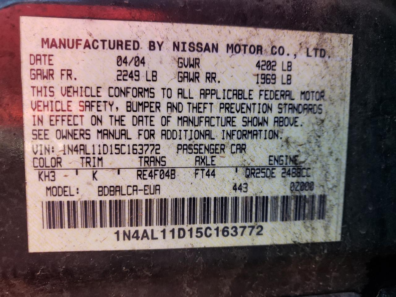 Photo 10 from auction – 2005 NISSAN ALTIMA S with VIN 1N4AL11D15C163772