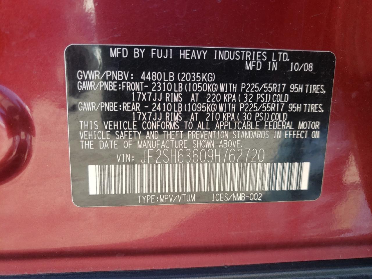 Photo 10 from auction – 2009 SUBARU FORESTER 2 with VIN JF2SH63609H762720