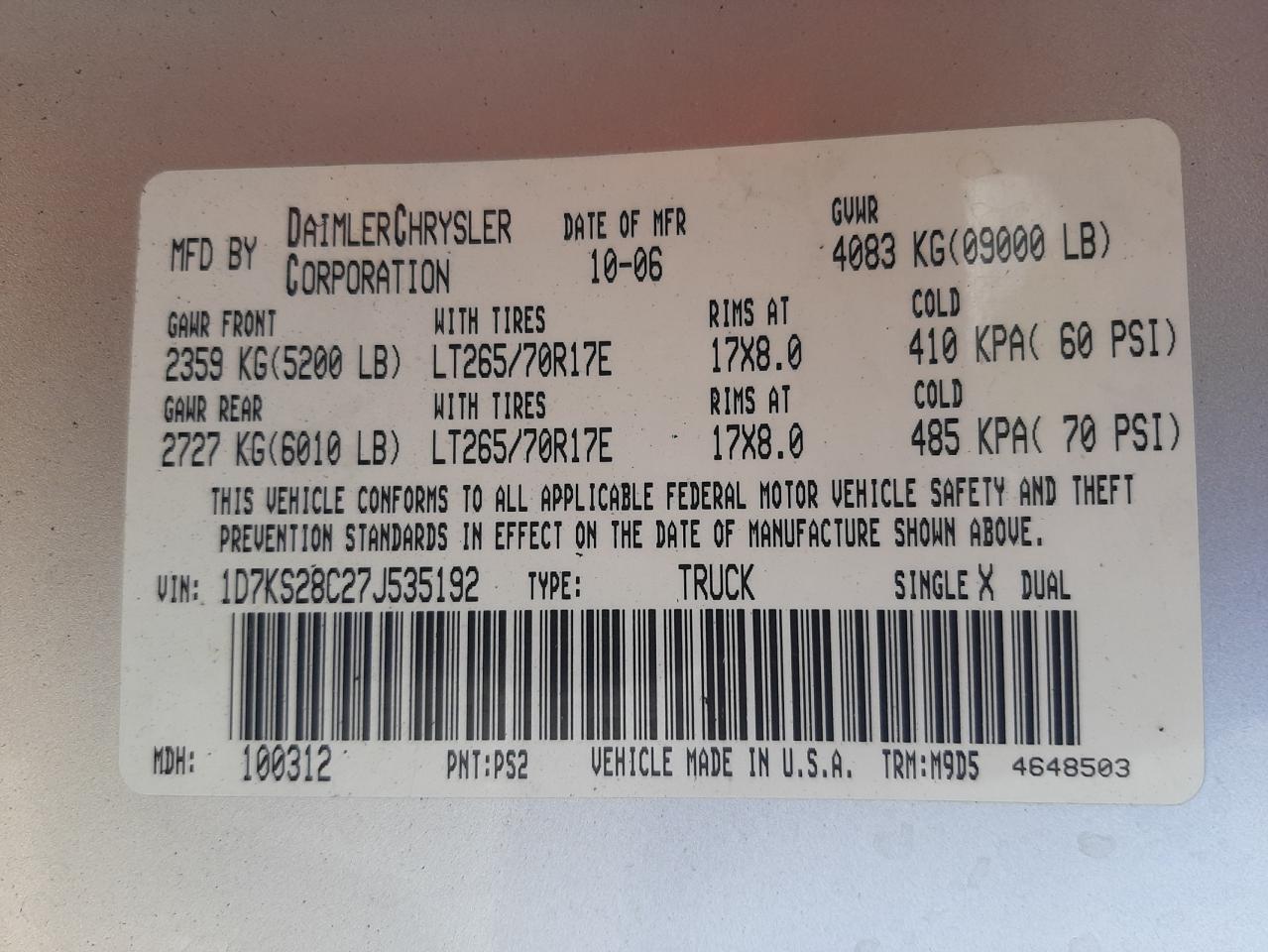 Photo 10 from auction – 2007 DODGE RAM 2500 S with VIN 1D7KS28C27J535192