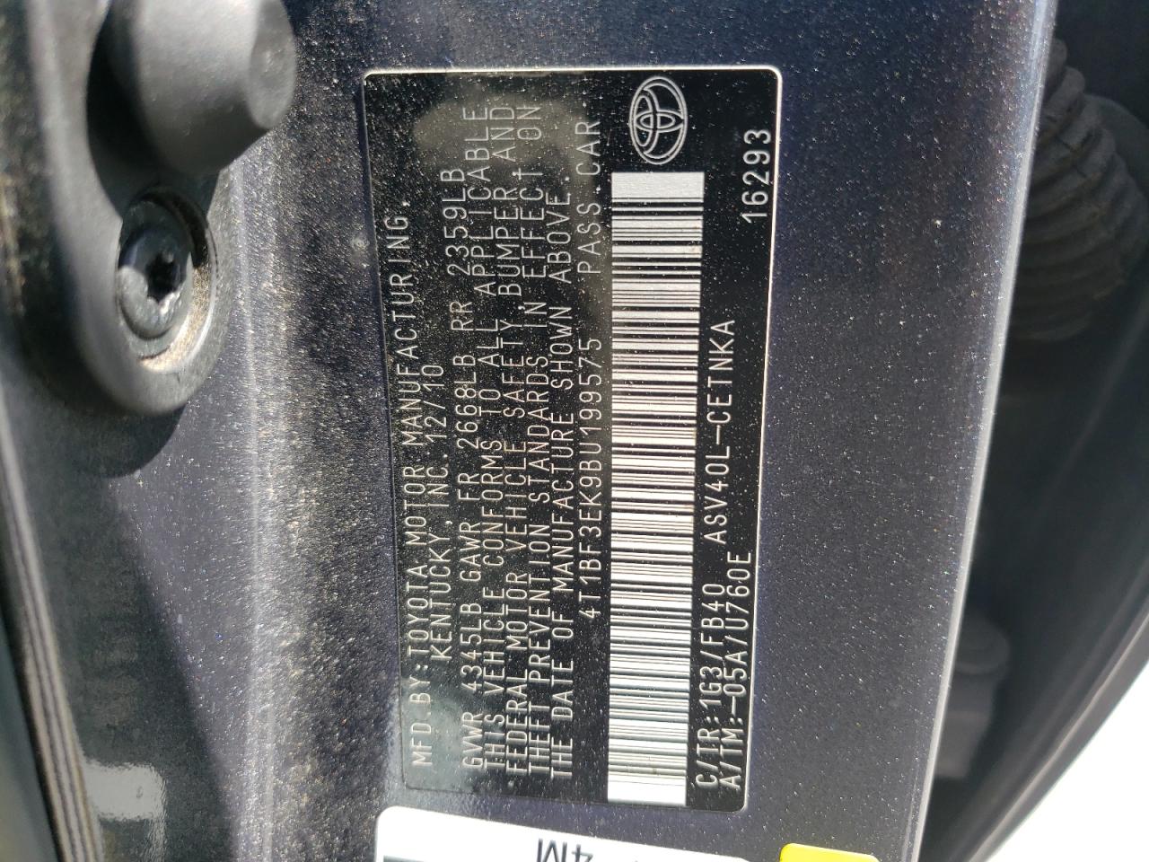 Photo 10 from auction – 2011 TOYOTA CAMRY BASE with VIN 4T1BF3EK9BU199575