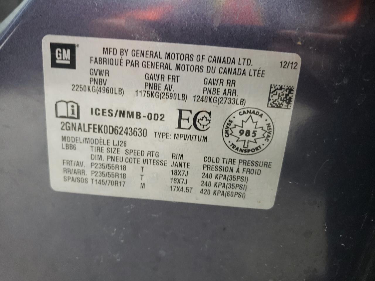 Photo 10 from auction – 2013 CHEVROLET EQUINOX LT with VIN 2GNALFEK0D6243630