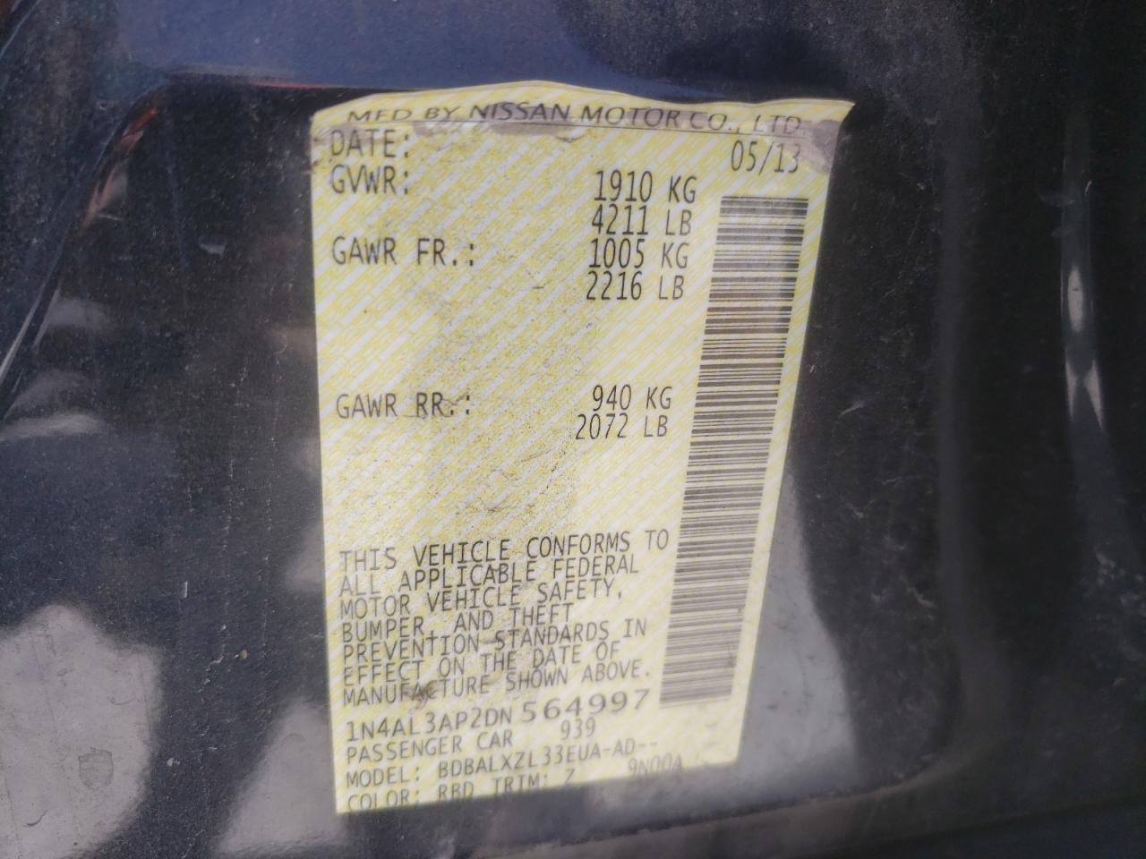Photo 10 from auction – 2013 NISSAN ALTIMA 2.5 with VIN 1N4AL3AP2DN564997