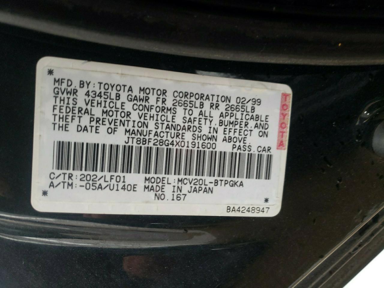 Photo 10 from auction – 1999 LEXUS ES 300 with VIN JT8BF28G4X0191600