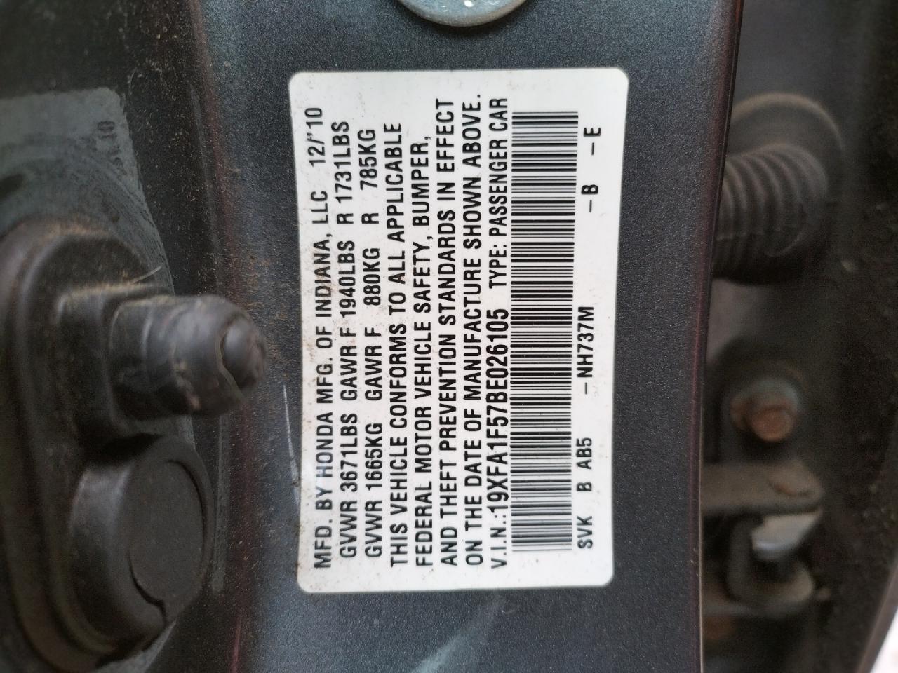 Photo 10 from auction – 2011 HONDA CIVIC LX with VIN 19XFA1F57BE026105