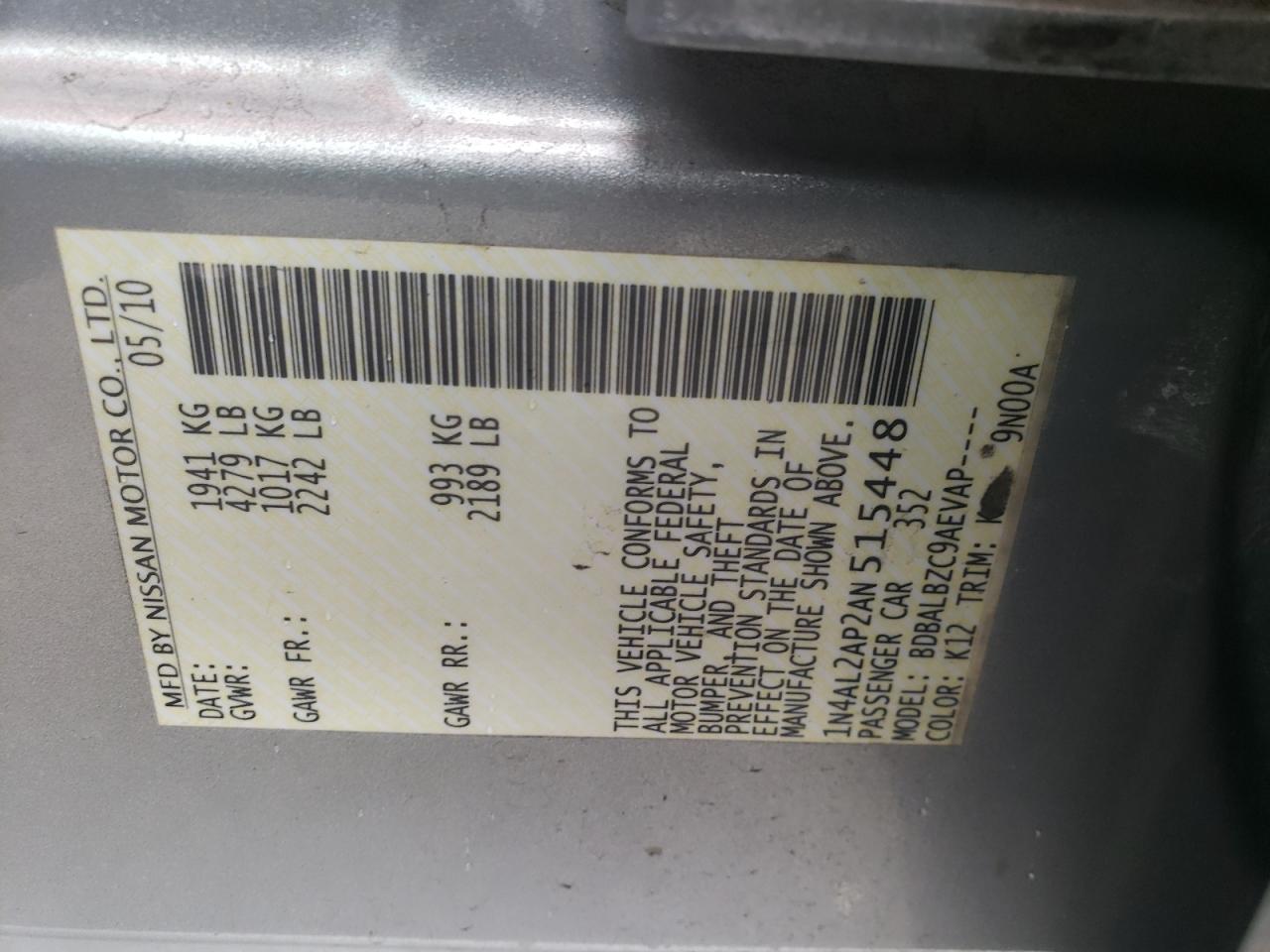 Photo 10 from auction – 2010 NISSAN ALTIMA BAS with VIN 1N4AL2AP2AN515448