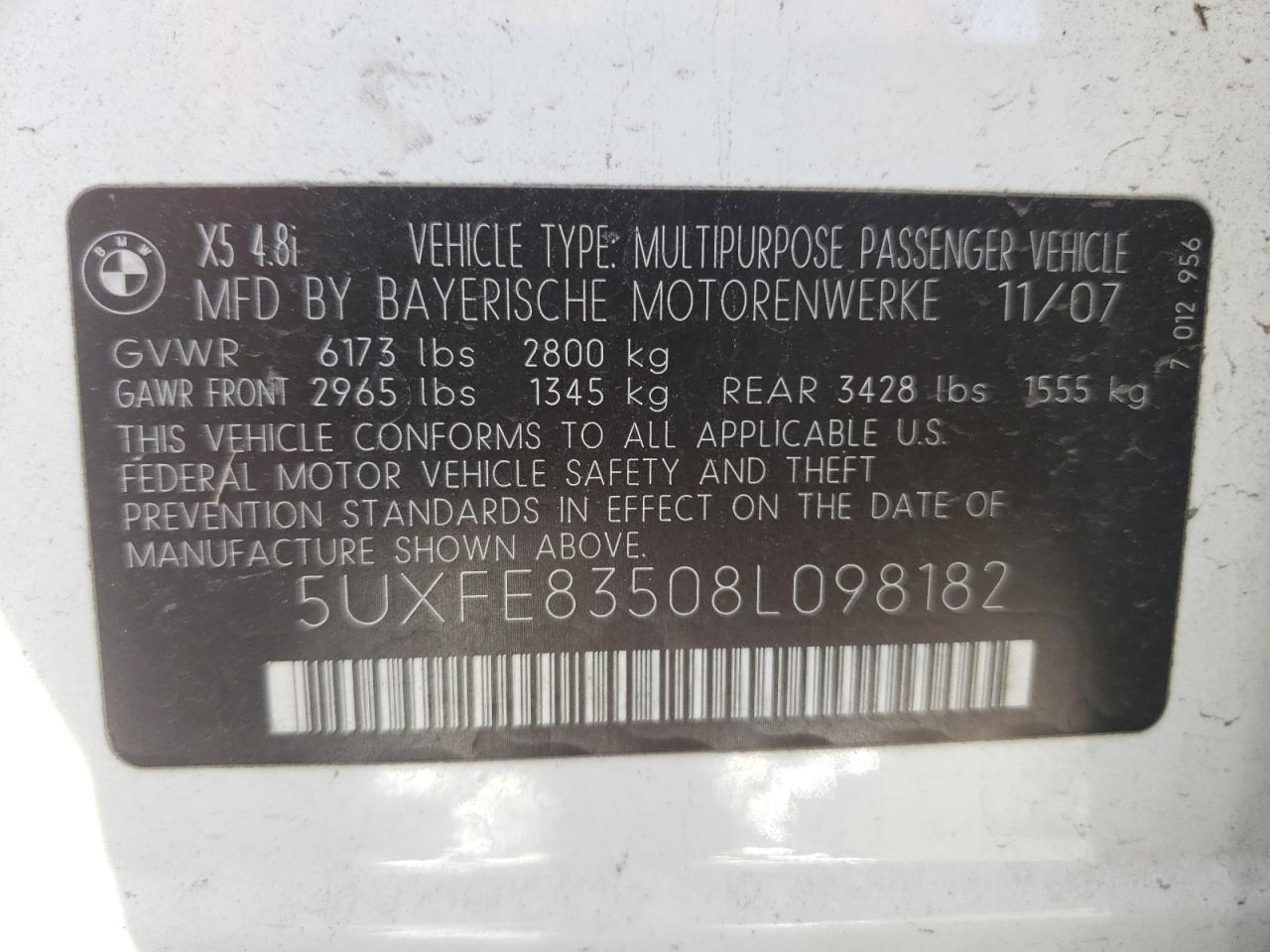 Photo 10 from auction – 2008 BMW X5 4.8I with VIN 5UXFE83508L098182