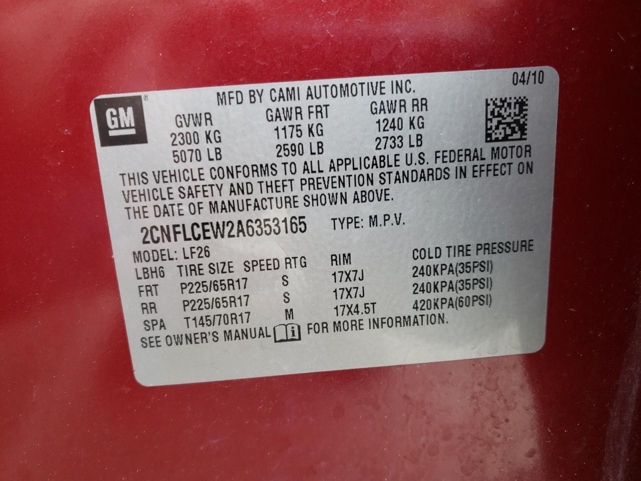 Photo 10 from auction – 2010 CHEVROLET EQUINOX LS with VIN 2CNFLCEW2A6353165
