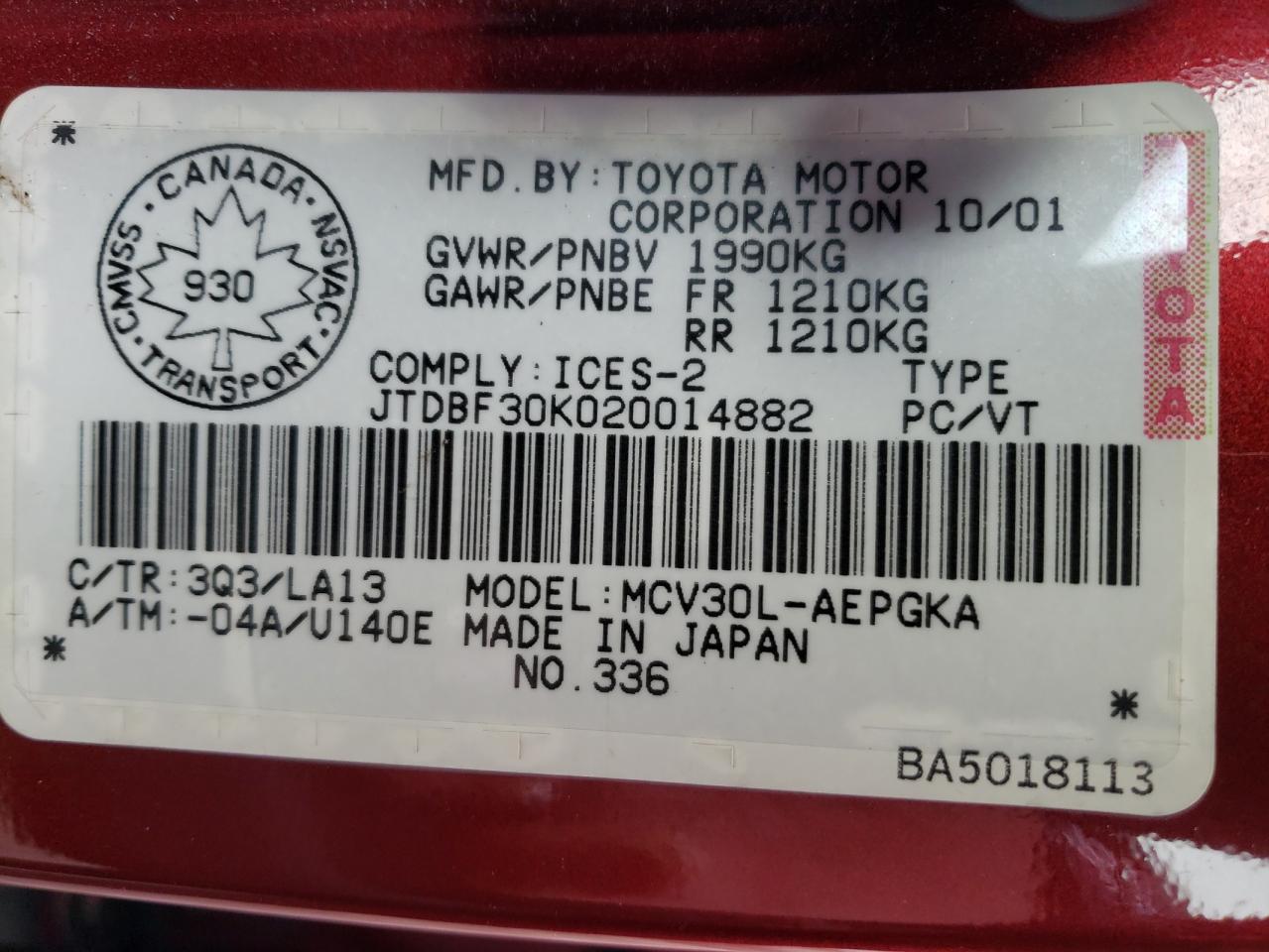 Photo 10 from auction – 2002 TOYOTA CAMRY LE with VIN JTDBF30K020014882