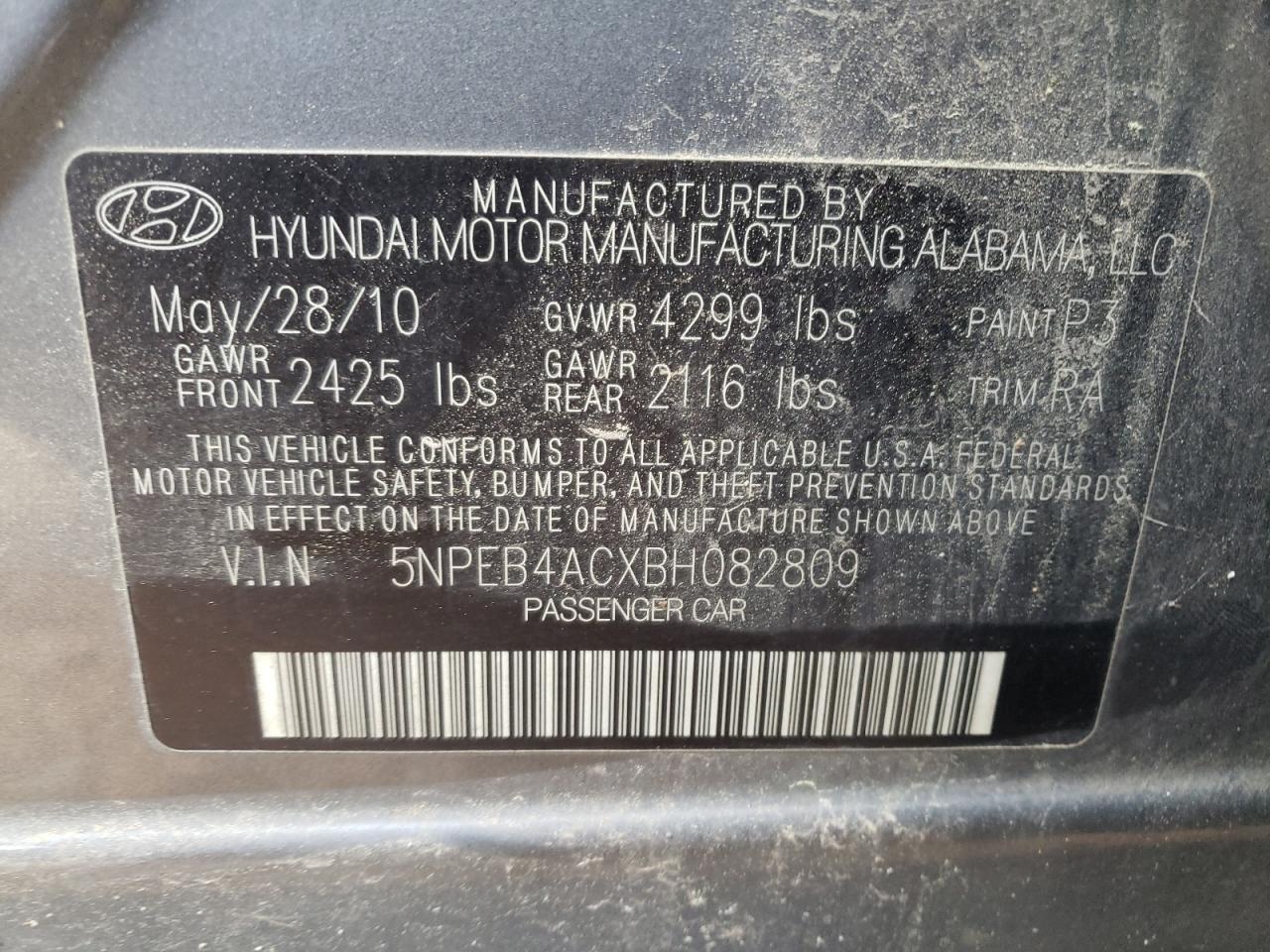 Photo 10 from auction – 2011 HYUNDAI SONATA GLS with VIN 5NPEB4ACXBH082809