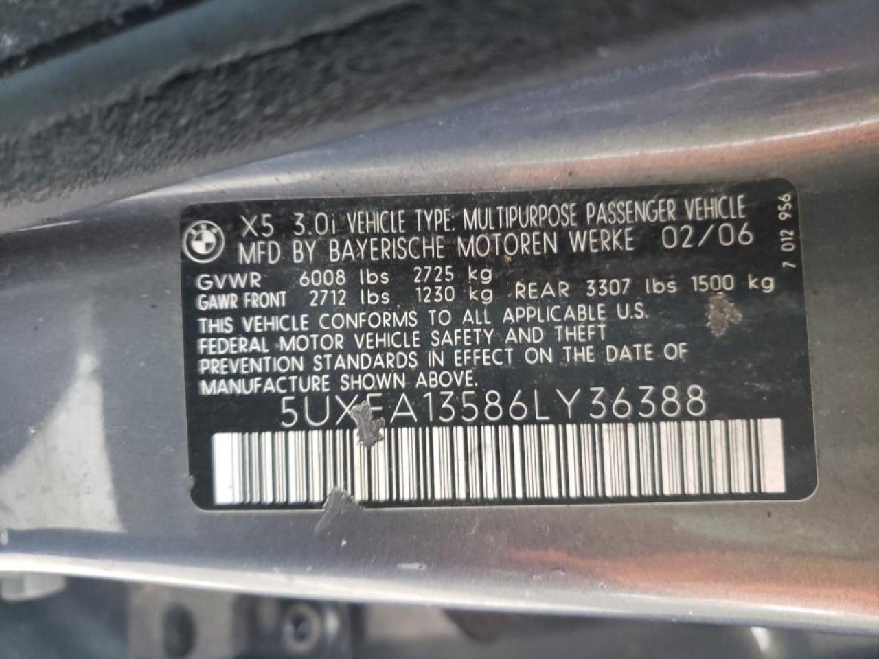Photo 10 from auction – 2006 BMW X5 3.0I with VIN 5UXFA13586LY36388