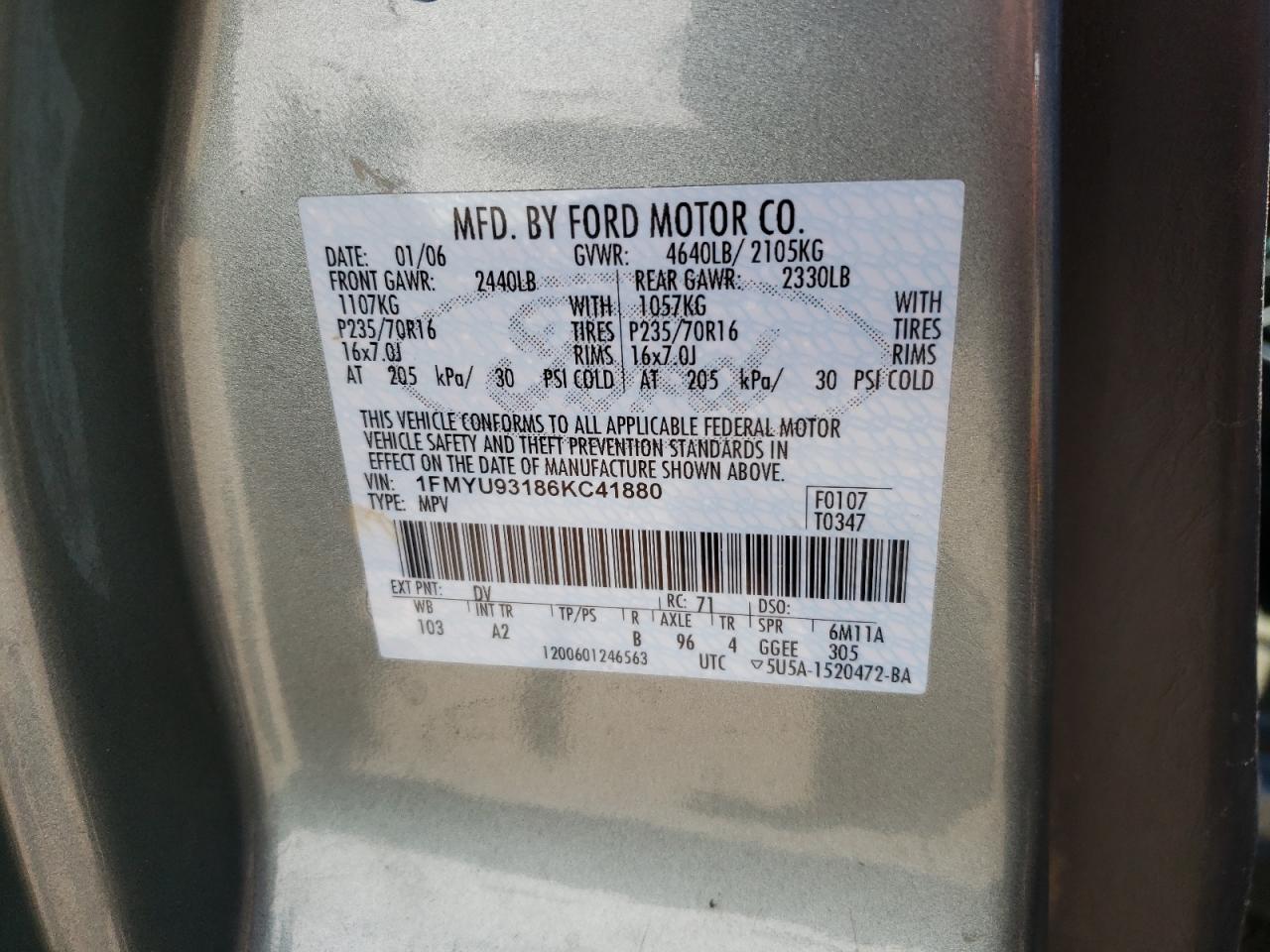 Photo 10 from auction – 2006 FORD ESCAPE XLT with VIN 1FMYU93186KC41880