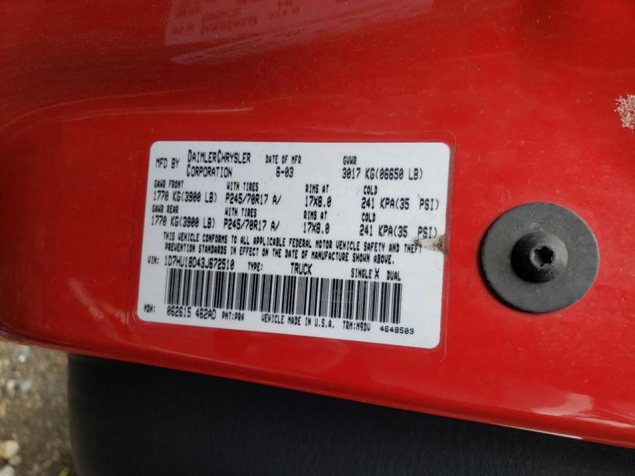 Photo 10 from auction – 2003 DODGE RAM 1500 S with VIN 1D7HU18D43J672510