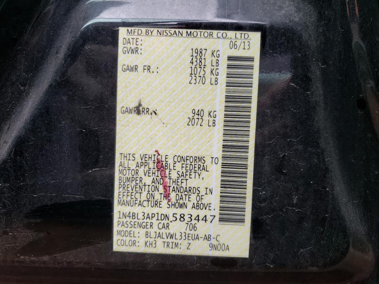 Photo 10 from auction – 2013 NISSAN ALTIMA 3.5 with VIN 1N4BL3AP1DN583447