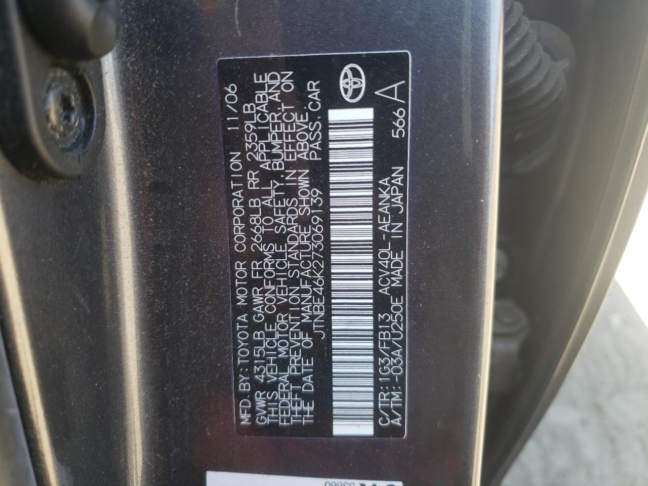 Photo 10 from auction – 2007 TOYOTA CAMRY CE with VIN JTNBE46K273069139