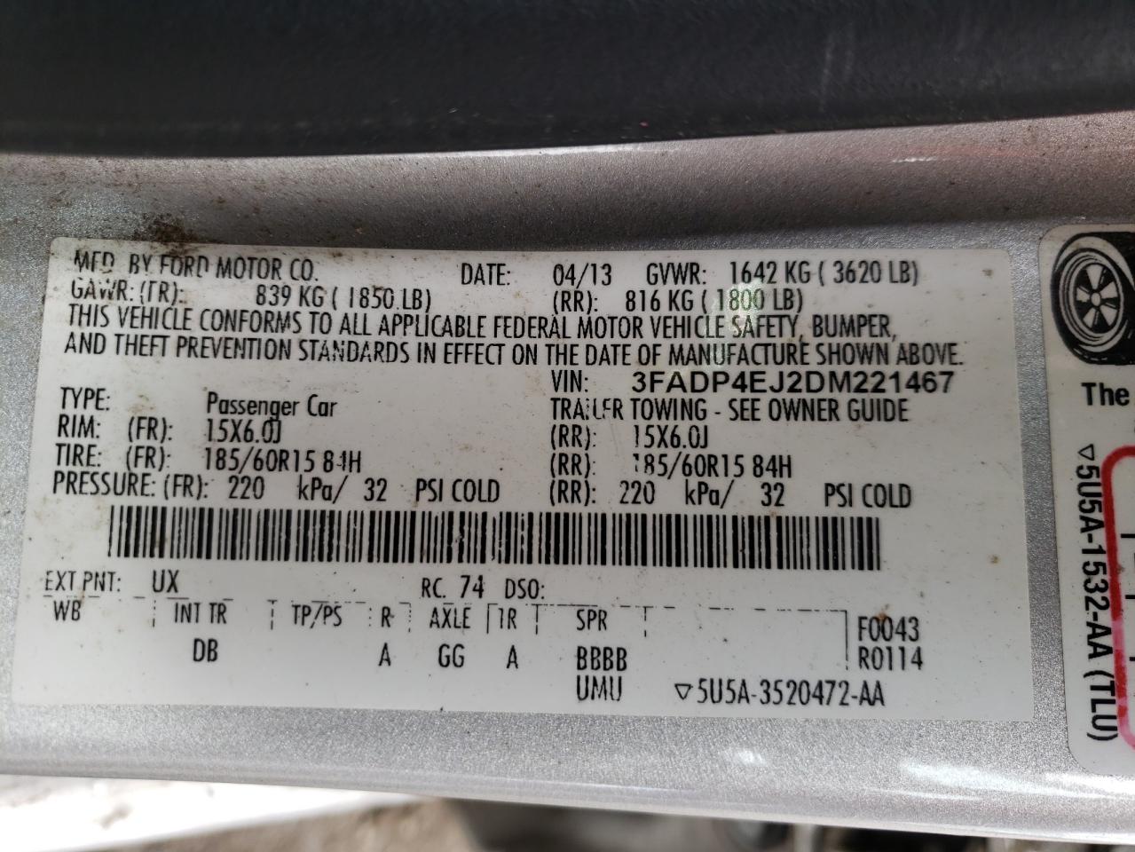 Photo 10 from auction – 2013 FORD FIESTA SE with VIN 3FADP4EJ2DM221467