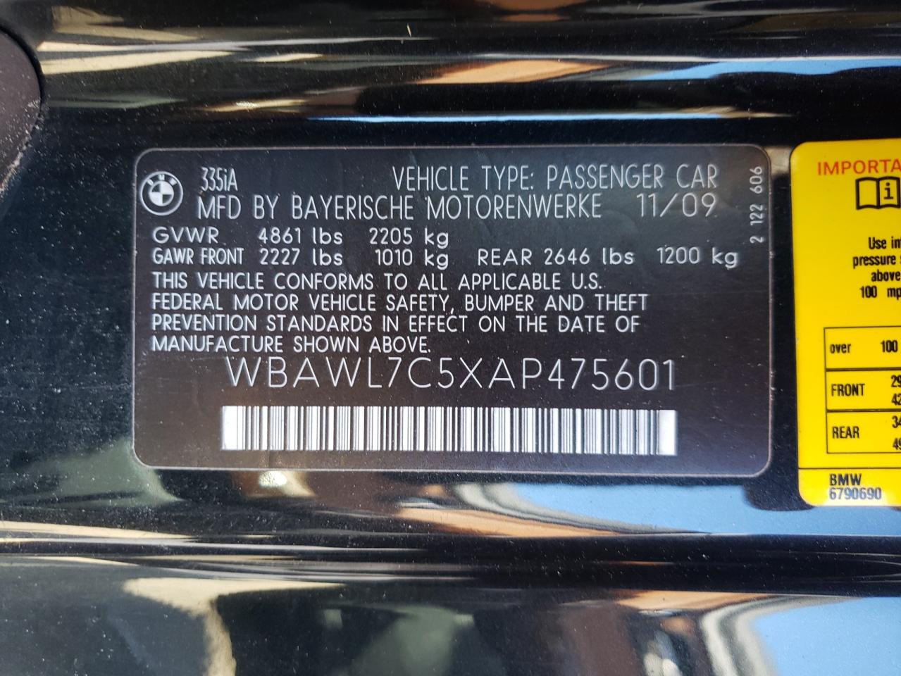 Photo 10 from auction – 2010 BMW 335 I with VIN WBAWL7C5XAP475601